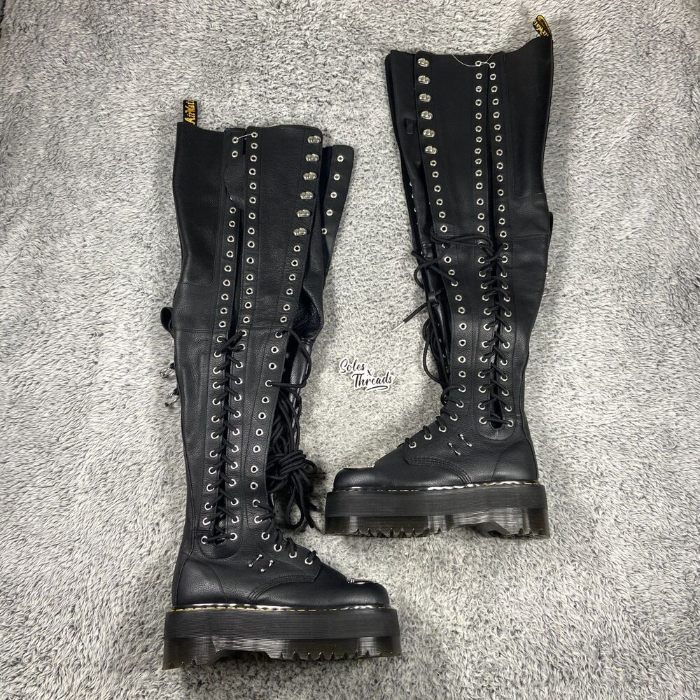 Dr. Martens 28-Eye Extreme Max Virginia Leather Knee High Boots Sz 7 Women Black